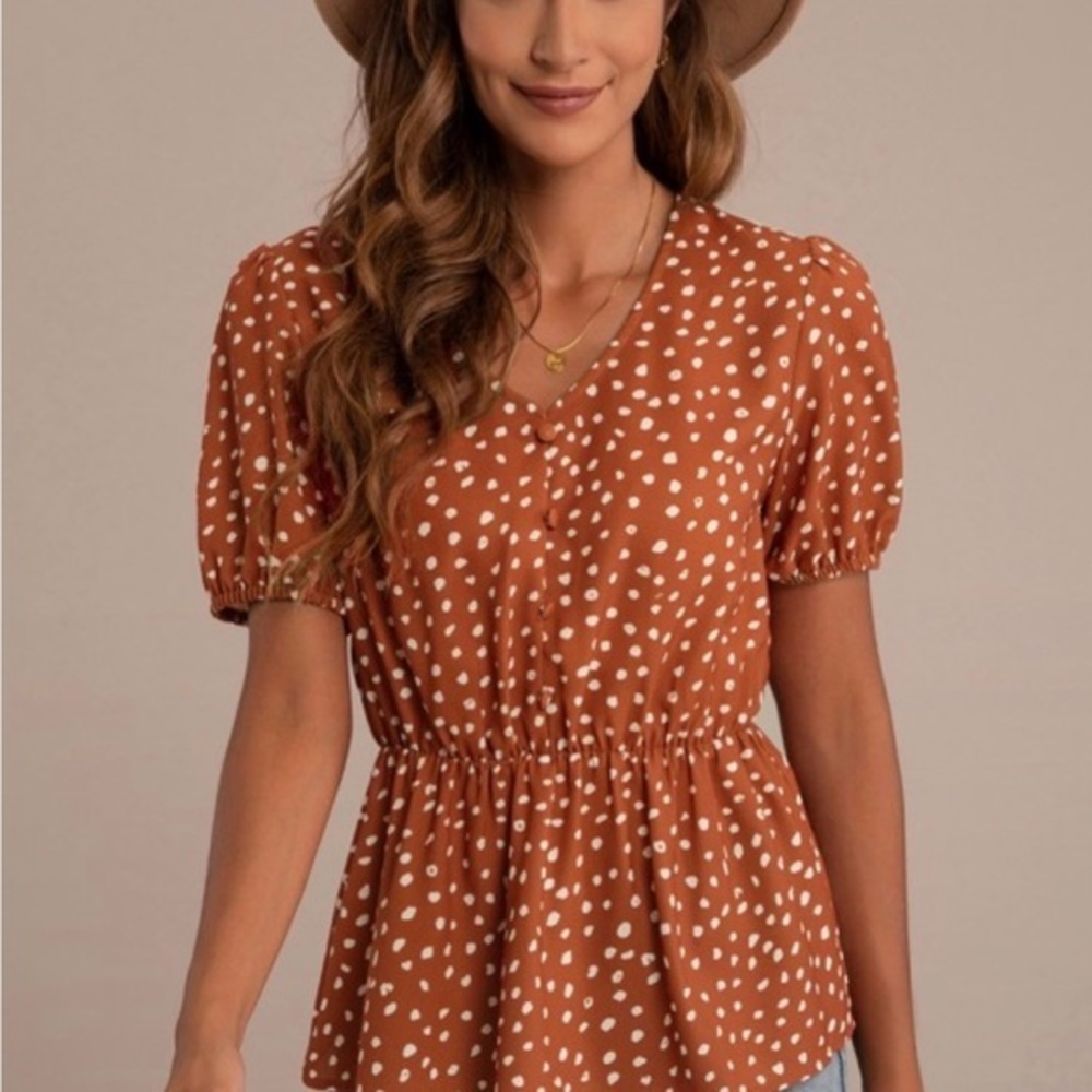 Burnt Orange, White Polka Dot Blouse, cinched at waist,perfect for summer size S